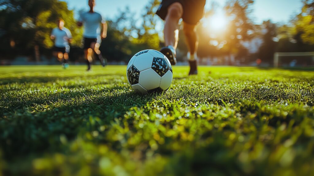 Youth soccer players practicing drills on a sunny afternoon in a local park.